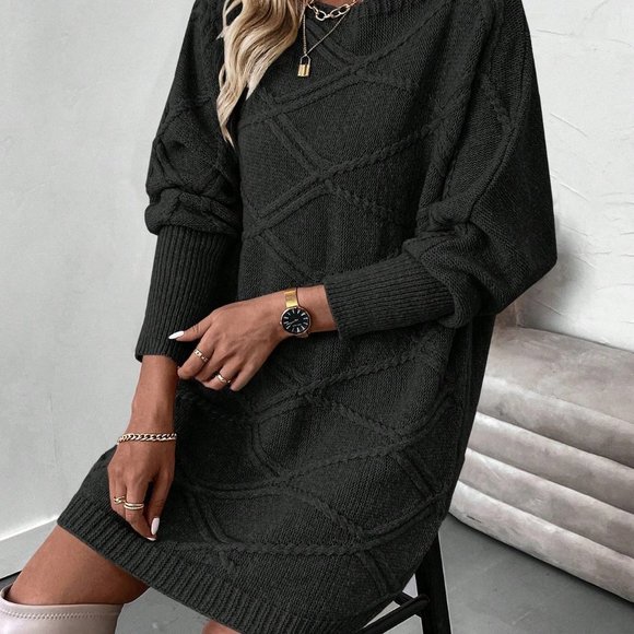 Black Casual Womens Solid Color Batwing Sleeve Sweater Dress - Picture 3 of 5